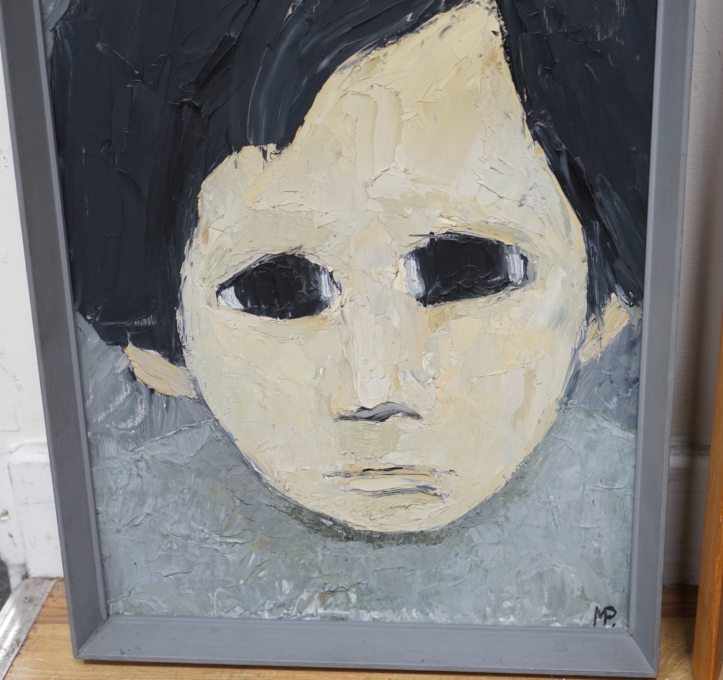 Marion Patrick (b.1940), oil on board, 'Girl', initialled with artist's label verso, 81 x 46cm and another by the same hand, Head of a child, initialled, 42 x 30cm